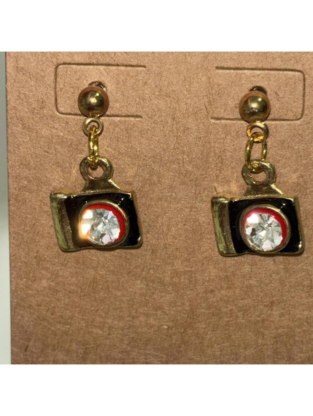Vintage Camera Charm Drop Earrings with Clear Crystal Accent